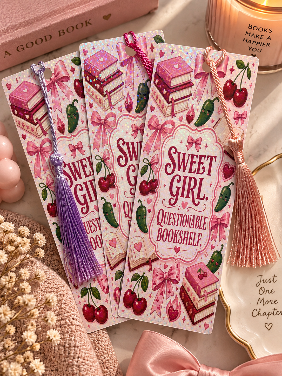 Sweet Girl Questionable Bookshelf | Holographic Laminated Bookmark with Tassel | Book Lover Gift