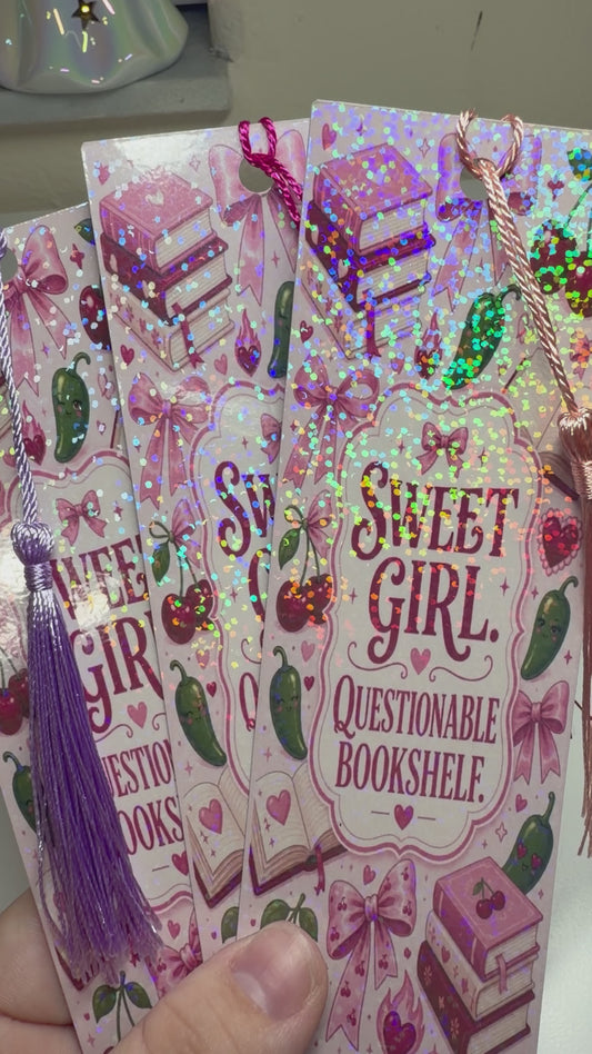 Sweet Girl Questionable Bookshelf | Holographic Laminated Bookmark with Tassel | Book Lover Gift